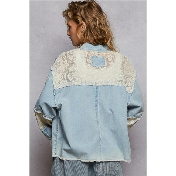 NWT POL Printed Woven‎ Mix Raw Hem Jacket with Lace Detail - Picture 4 of 4